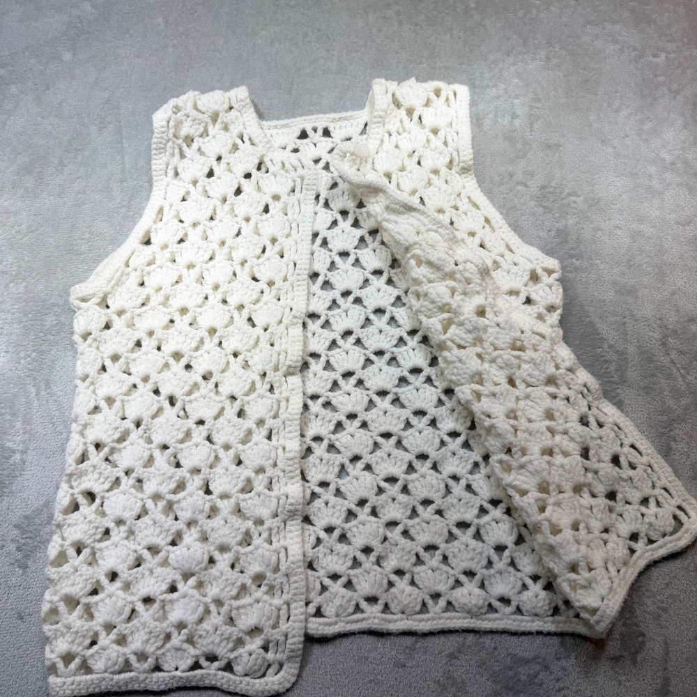 Vintage 70s Crochet Vest Cream White Open Knit Boho Shell Pattern Size M L - Picture 5 of 8